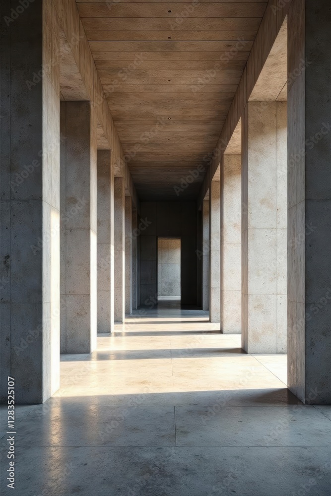 Raw concrete interior with imposing columns, high ceilings, interior, brutalist, concrete Raw concrete interior with imposing columns, high ceilings, interior, brutalist, concrete