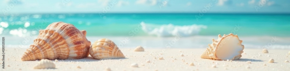 Seashells adorn a pristine, white sand beach under a clear sky , tropical scene, sand Seashells adorn a pristine, white sand beach under a clear sky , tropical scene, sand