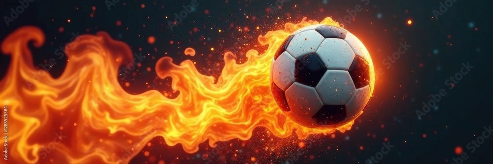Naklejka premium Football ball on fire as it flies through the air, fast, dynamic, speed