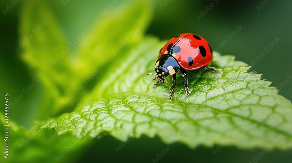 Close-up of a ladybug on a vibrant green leaf Close-up of a ladybug on a vibrant green leaf
