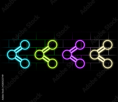 Glowing neon line Share icon isolated on brick wall background. Share, sharing, communication pictogram, social media, connection, network, distribute sign. Colorful outline concept. Vector..3