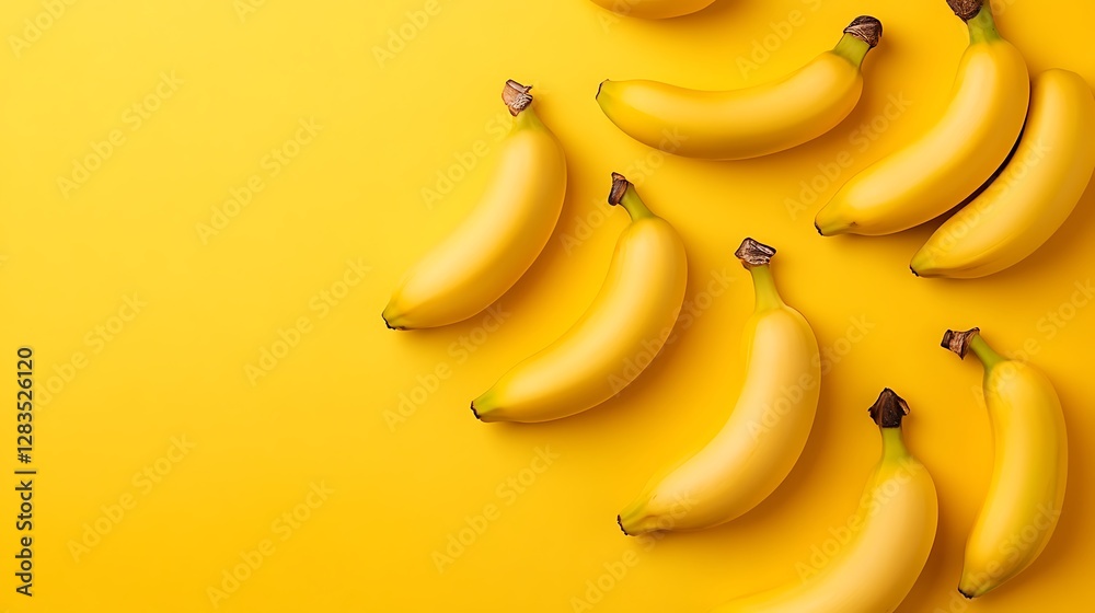 Yellow bananas on yellow surface, overhead view, food preparation background, promoting healthy eating Yellow bananas on yellow surface, overhead view, food preparation background, promoting healthy eating