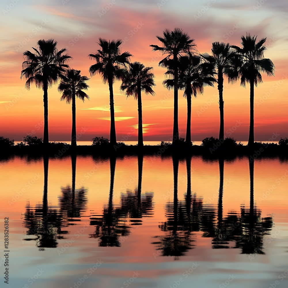 Naklejka premium Calm Palm Tree Silhouettes Reflecting on Water