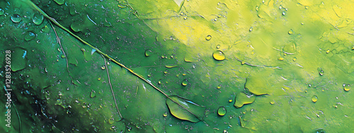 Close-up of raindrops on the edge of an oversized green leaf

