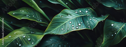 Close-up of raindrops on the edge of an oversized green leaf
