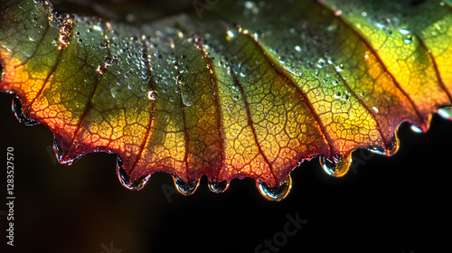Close-up of raindrops on the edge of an oversized green leaf
