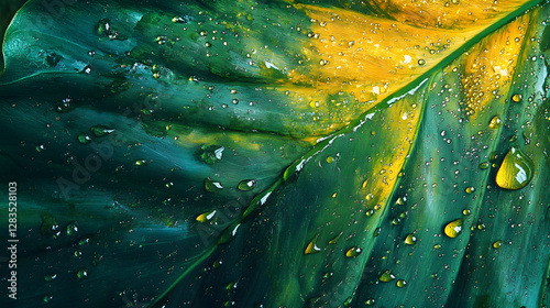 Close-up of raindrops on the edge of an oversized green leaf
