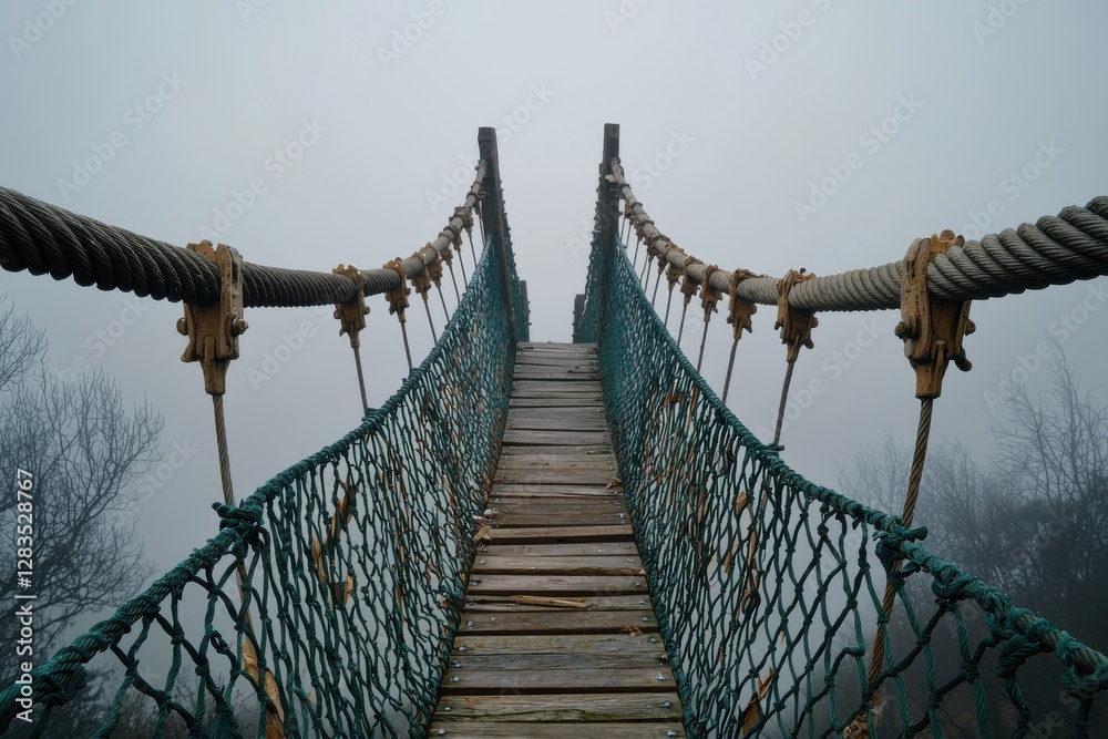Obraz premium A rope bridge disappearing into the mist, suspended high above a foggy landscape, creating a sense of adventure and mystery, inviting exploration and challenging fears.