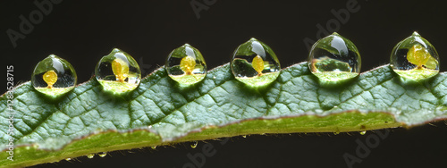 Close-up of raindrops on the edge of an oversized green leaf
