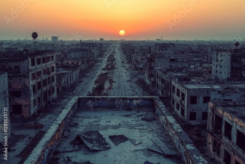 A haunting sunset over a war-torn city, with the sun casting a golden glow on the ruins and destroyed buildings, creating a somber yet striking cityscape, and revealing the devastation. photo