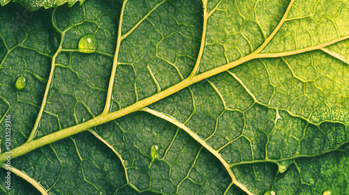 Close-up of raindrops on the edge of an oversized green leaf
