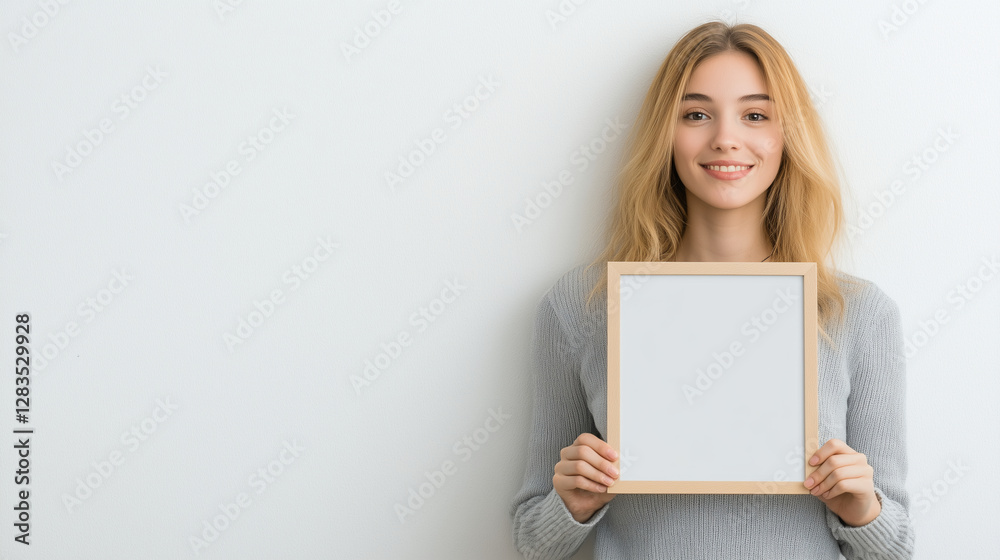 A beautiful young woman holds an empty photo frame against a white wall, ready for customization. Perfect for design templates, creative projects, and advertising concepts. A beautiful young woman holds an empty photo frame against a white wall, ready for customization. Perfect for design templates, creative projects, and advertising concepts.