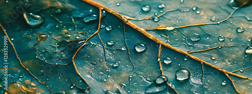 Close-up of raindrops on the edge of an oversized green leaf
