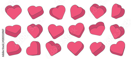 Sweet heart shape candy set. Set of heart-shaped volume icons. Valentines day concept. Pink color bundle. Isolated on white background. Romantic element collection. Flat line vector.