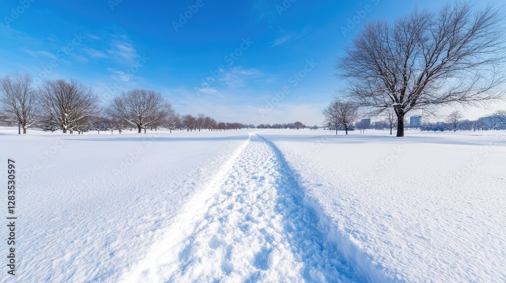 Obraz premium Snowy Path Through Park, Sunny Day, Peaceful Scenery, Perfect for Winter Background