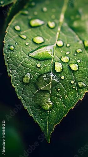 Close-up of raindrops on the edge of an oversized green leaf
