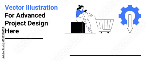 Woman seated on block browsing smartphone near shopping cart. Blue gear with arrow symbolizes optimization, technology, e-commerce. Ideal for shopping, tech tools, productivity, e-commerce