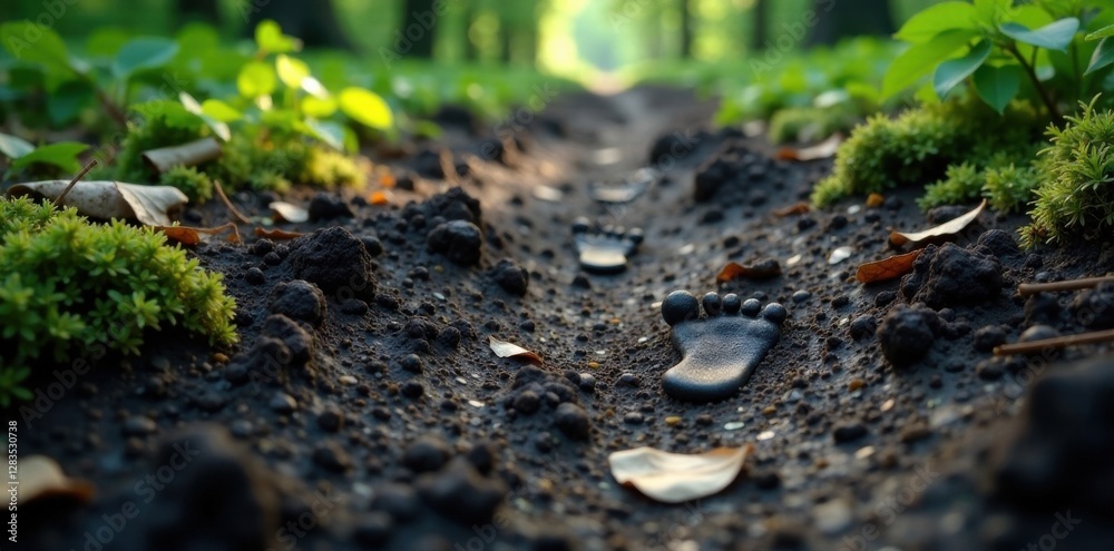 footprints in clean black mud on a forest floor, outdoors, earthy, nature footprints in clean black mud on a forest floor, outdoors, earthy, nature