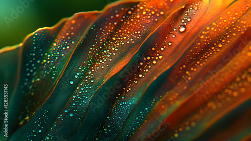 Close-up of raindrops on the edge of an oversized green leaf
