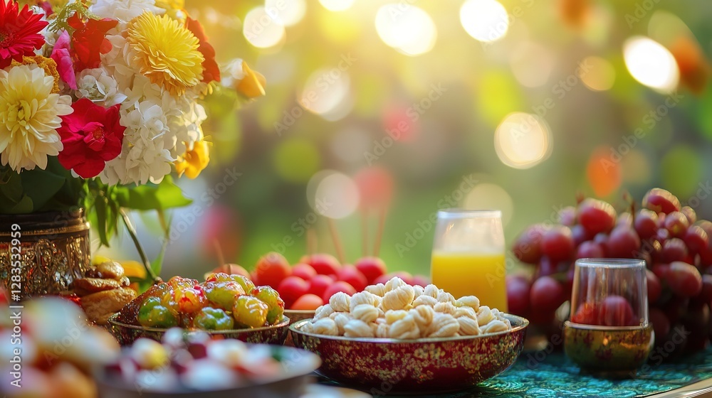 Nowruz: A close-up of a vibrant Haft-Seen table with colorful spring flowers, traditional Persian sweets, and seasonal fruits, soft natural light highlighting intricate detailsx Nowruz: A close-up of a vibrant Haft-Seen table with colorful spring flowers, traditional Persian sweets, and seasonal fruits, soft natural light highlighting intricate detailsx