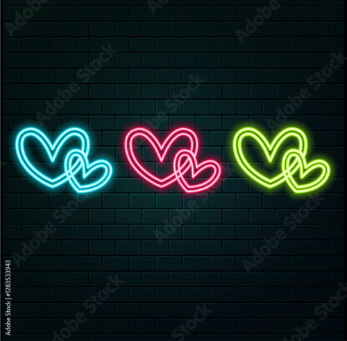 Neon heart signboard on the red background. Vector illustration