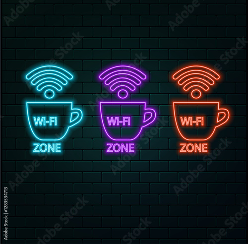 Wifi neon sign . Wifi symbol neon glowing letters shining, Light Banner, neon text. illustration. Billboard.