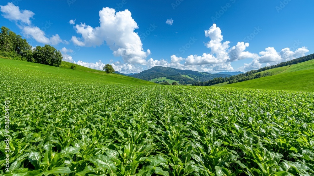 Expansive field of lush green plants flourishing under bright sunshine