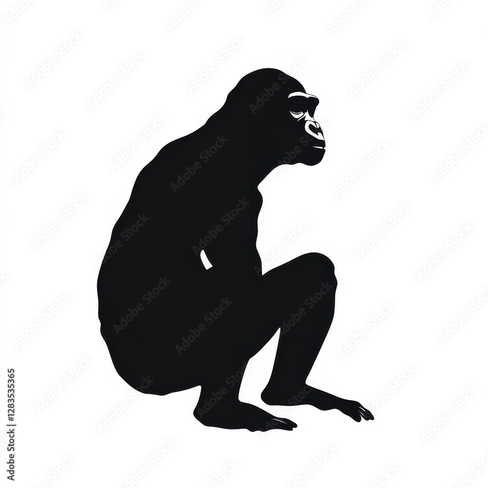 Contemplative Gorilla: A Striking Silhouette of Primate Power and Thoughtful Posture on a Clean White Background Contemplative Gorilla: A Striking Silhouette of Primate Power and Thoughtful Posture on a Clean White Background