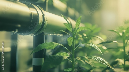Hydroponic plant growth with green plants and water droplets in indoor farming setup