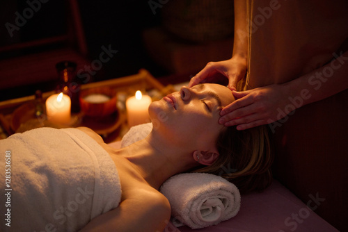 Fotografie High angle of blonde woman lying on towel roll and getting facial massage by pro
