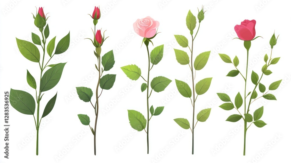 Fototapeta premium Various Stages of Rose Growth with Leaves Displayed
