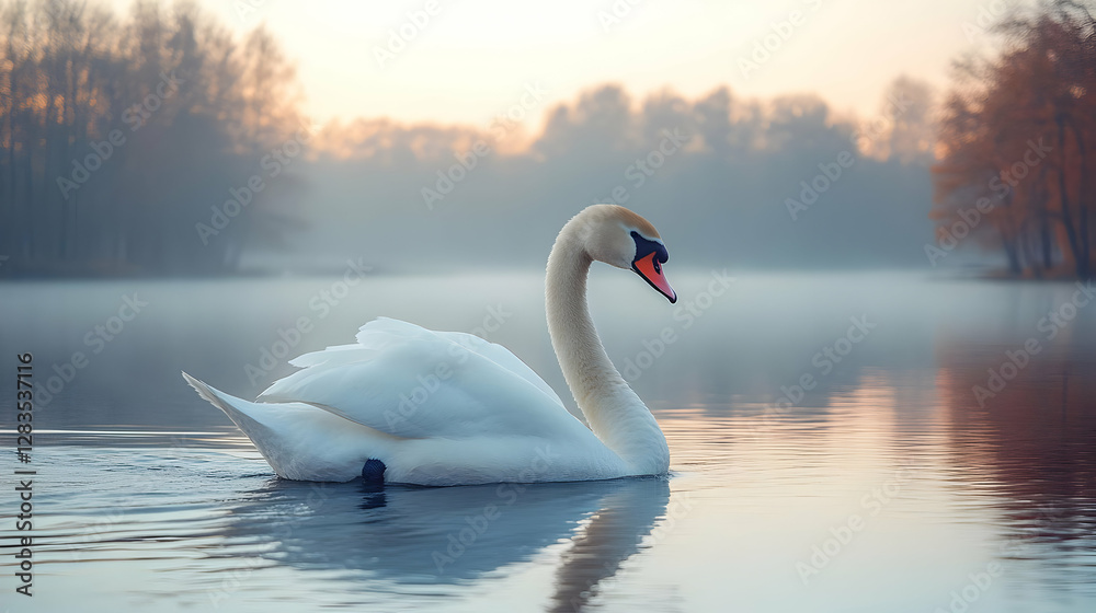 Fototapeta premium Majestic Swan On Misty Morning Lake