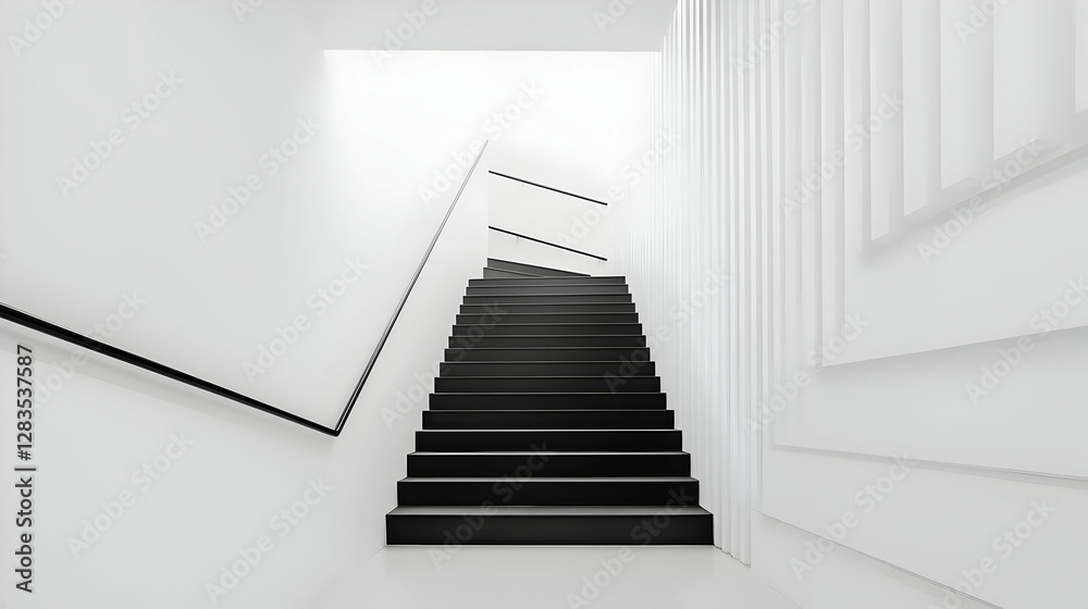 Modern Black And White Staircase Leading Upward With Geometric Design And Bright Lighting Modern Black And White Staircase Leading Upward With Geometric Design And Bright Lighting
