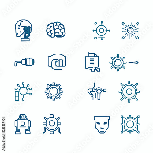 AI and Robotics Icon Set, Futuristic Artificial Intelligence Symbols, Machine Learning and Automation Vector,