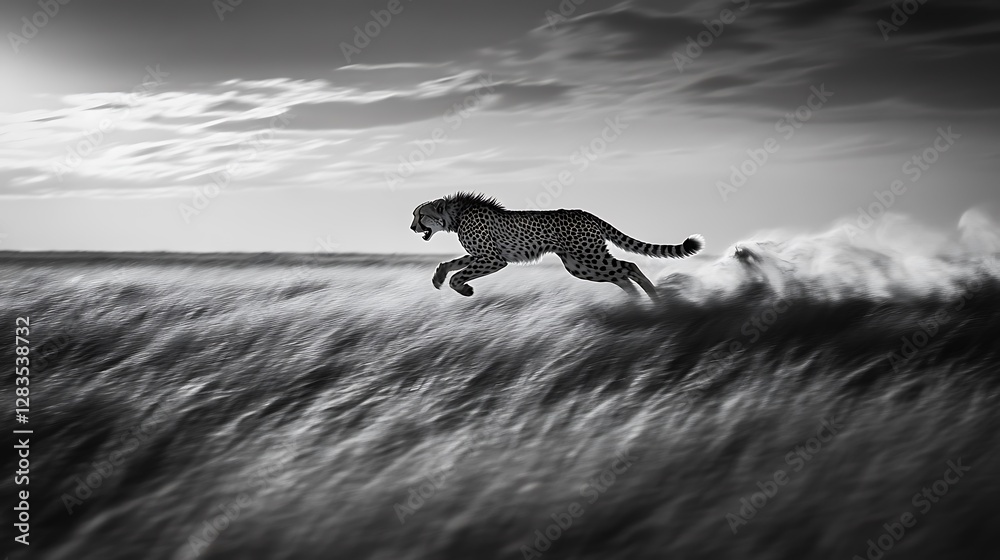 Cheetah Running Fast Across Grassy Plain in Dramatic Black and White Cheetah Running Fast Across Grassy Plain in Dramatic Black and White