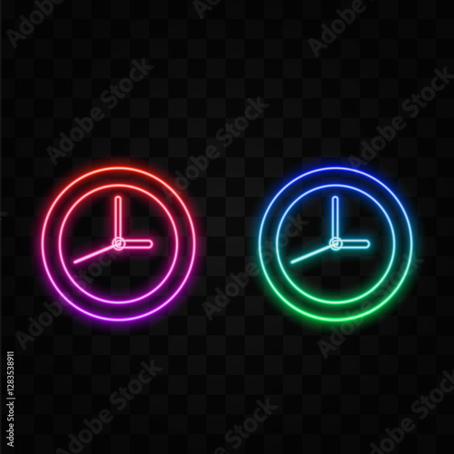 Neon clock with colored lights icon on a black background.