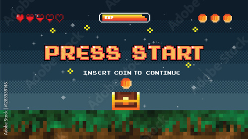 Press start.Pixel game win screen nighttime. Retro 8 bit video game interface with You Win text.winner pixel game background. video game level up background.pixel art illustration	
