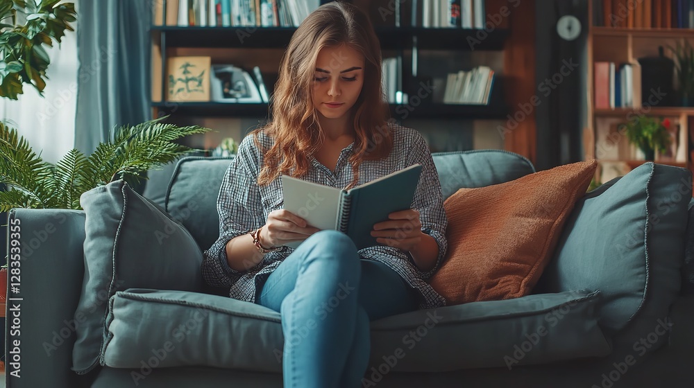 Obraz premium Relaxed Woman Reading A Book On Cozy Couch