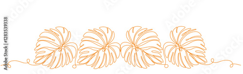 One line drawing of four vector monstera leaves. Modern single line art