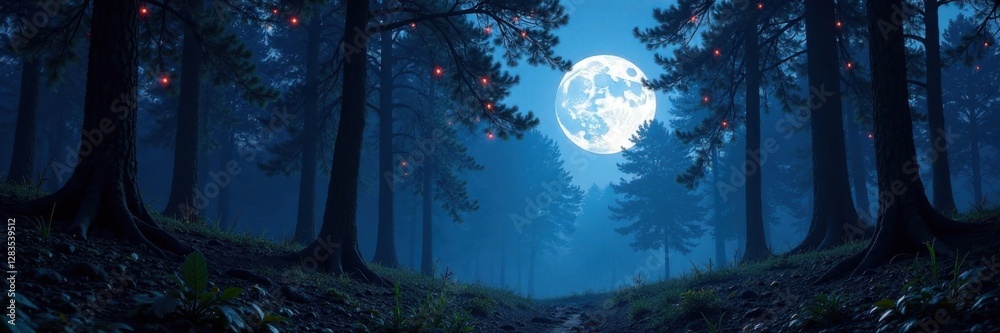 Naklejka premium Forest moonlit scene with glowing trees , enchantment, natural, forest
