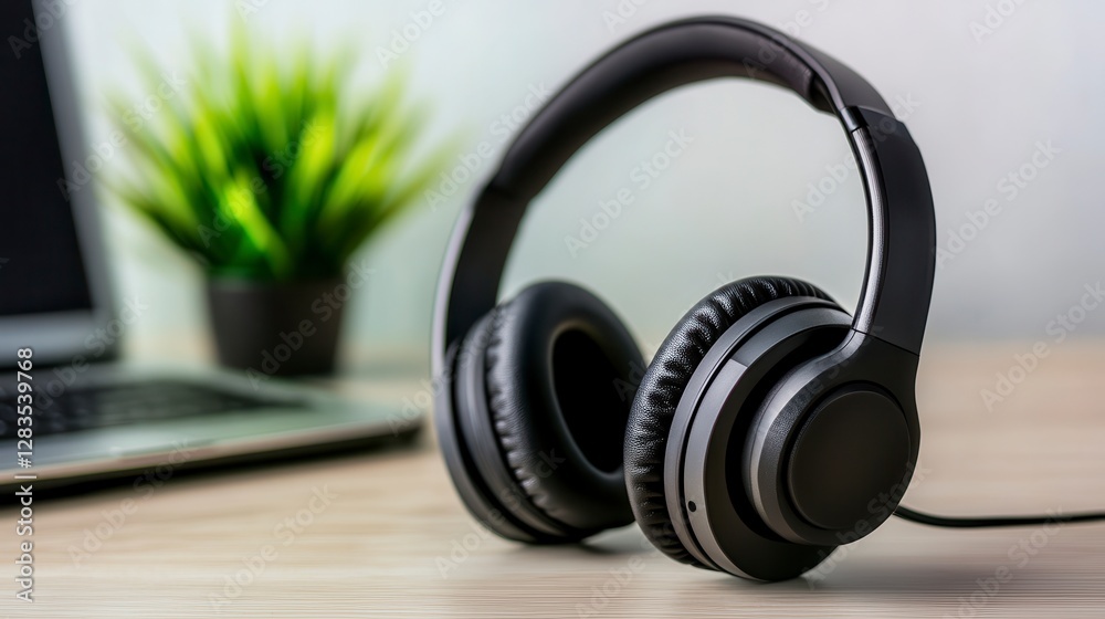 Black Headphones on Wooden Desk with Laptop and Plant Black Headphones on Wooden Desk with Laptop and Plant