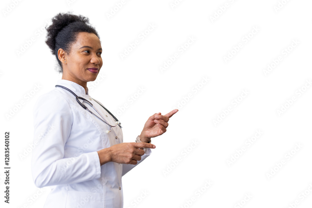 Caring African American doctor explaining something with a hand gesture Caring African American doctor explaining something with a hand gesture