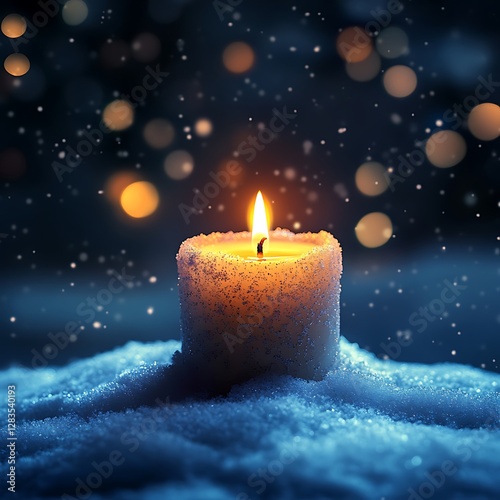 Elegant Single Lit Candle on Snow with Bokeh Lights, Winter Wonderland