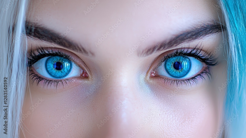 Fototapeta premium Captivating portrait of a woman with striking blue hair and mesmerizing blue eyes emphasizing unconventional beauty