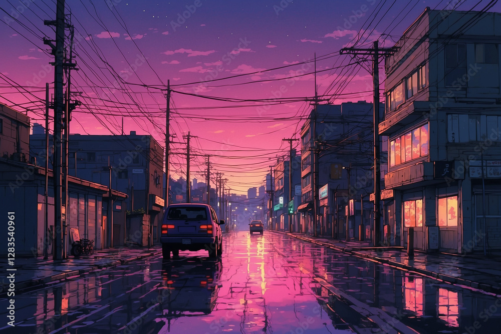Obraz premium Quiet anime city street, sunset sky fading pink to purple, wet asphalt mirrors neon lights, overhead electric wires
