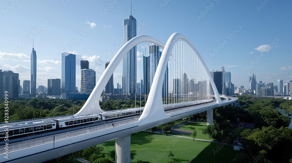 Fototapeta premium Modern City Bridge with Train & Skyscrapers