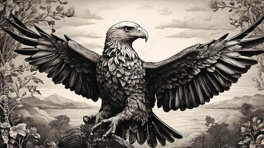 Fototapeta premium The eagle sketch engraving generative ai raster illustration. Scratch board imitation. Black and white image.