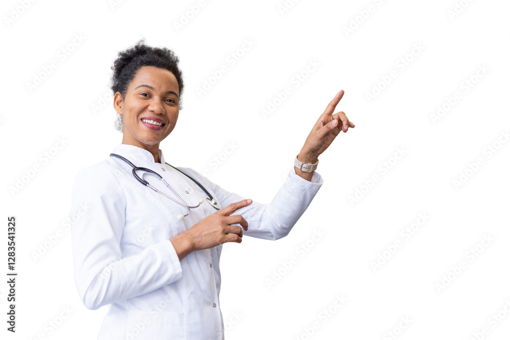 Knowledgeable African American doctor demonstrating a concept with her finger Knowledgeable African American doctor demonstrating a concept with her finger