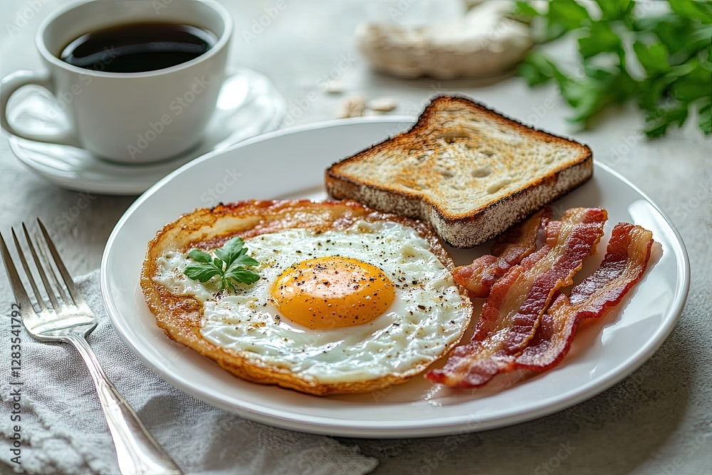 A delicious breakfast plate featuring a sunny-side-up egg, crispy bacon, toasted bread, and a cup of coffee. A delicious breakfast plate featuring a sunny-side-up egg, crispy bacon, toasted bread, and a cup of coffee.