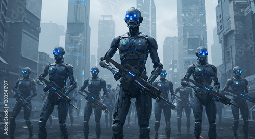 Futuristic Robot Army Patrol in Cyberpunk Cityscape with Advanced Weaponry